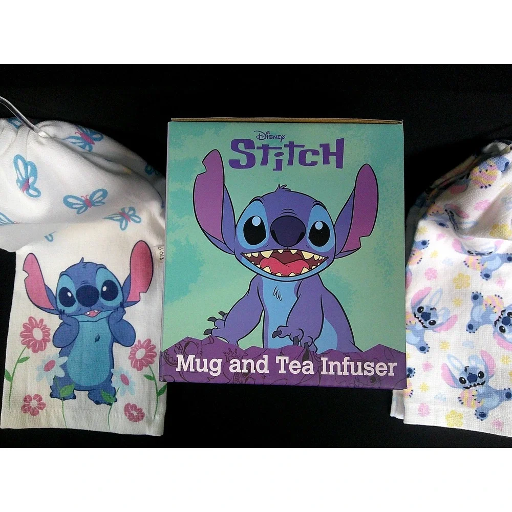 NEW! Disney Stitch Tea infuser set with 2 Stitch‎ Tea Towels COMBO Package